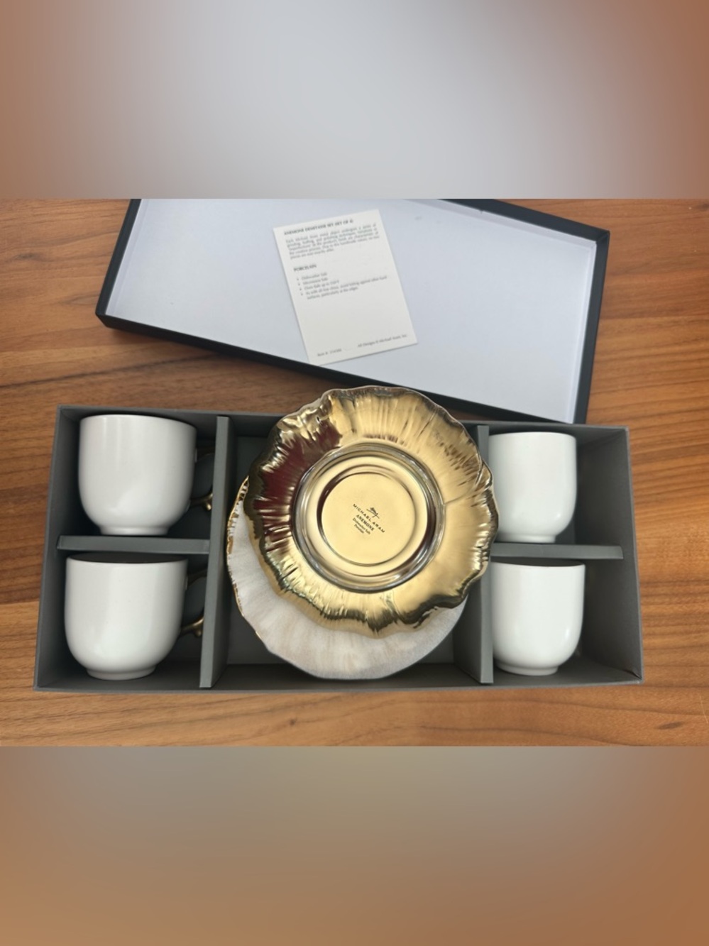 Michael Aram White and Gold Anemone Demitasse set, 4 cups & 4 saucers. NEW!
